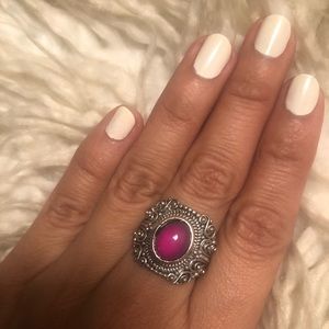 Purple pink festival silver Ring 7 oval gemstone